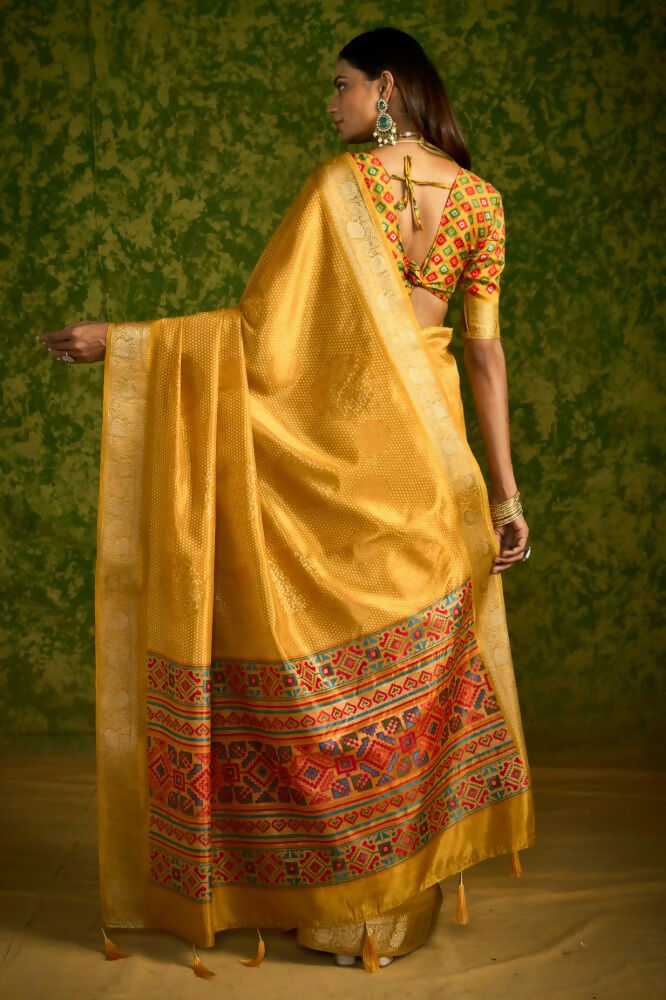 Joban Fashion Yellow-Firoji Velvet Tussar Silk with Foil Print Saree | Grocsy