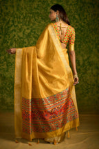 Joban Fashion Yellow-Firoji Velvet Tussar Silk with Foil Print Saree | Grocsy