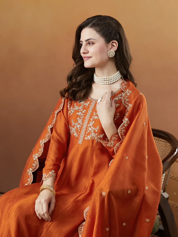 The52 Orange Women's Beautiful Vichitra Silk Fabric Embroidered Work Flared Anarkali Pant and Dupatta Set | Grocsy