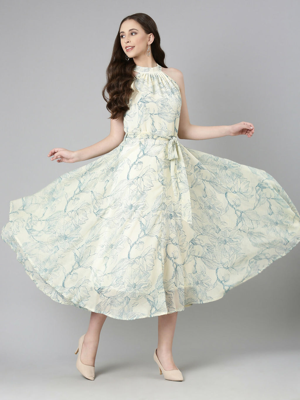 Souchii Cream & Blue Floral Chiffon Maxi Dress | Grocsy