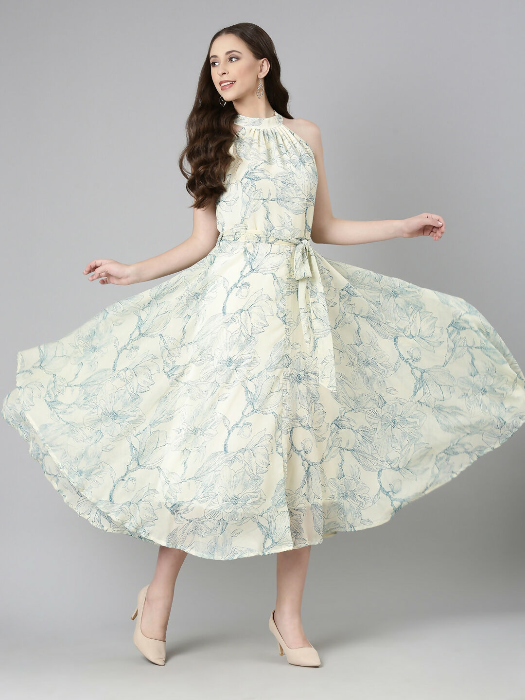 Souchii Cream & Blue Floral Chiffon Maxi Dress | Grocsy