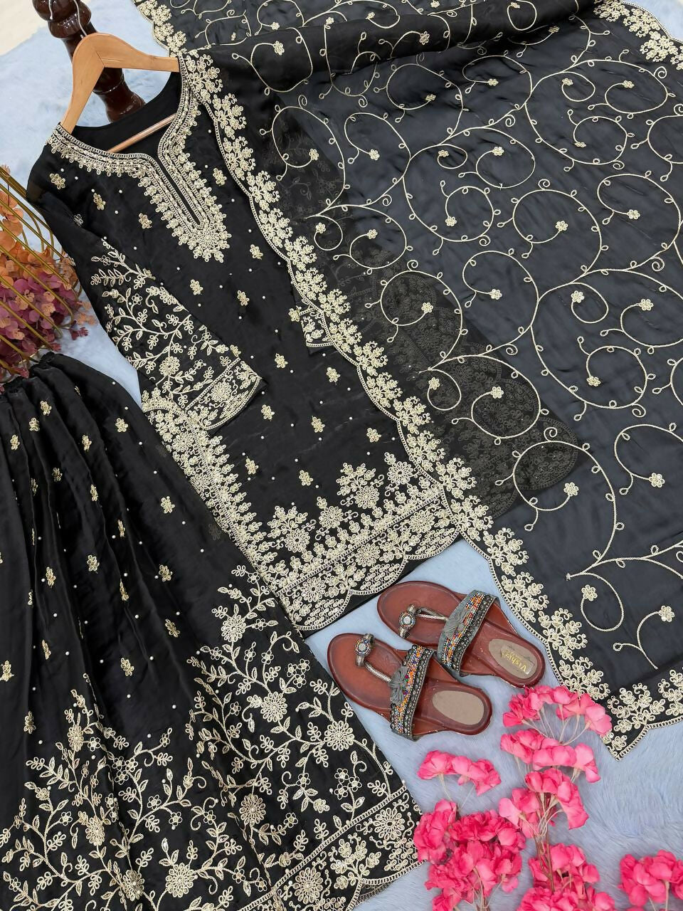 Teeya Creation Black Pure Silk Gimmy Silk Heavy Embroidery Work Wedding Wear Palazzo Pair | Grocsy