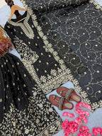Teeya Creation Black Pure Silk Gimmy Silk Heavy Embroidery Work Wedding Wear Palazzo Pair | Grocsy