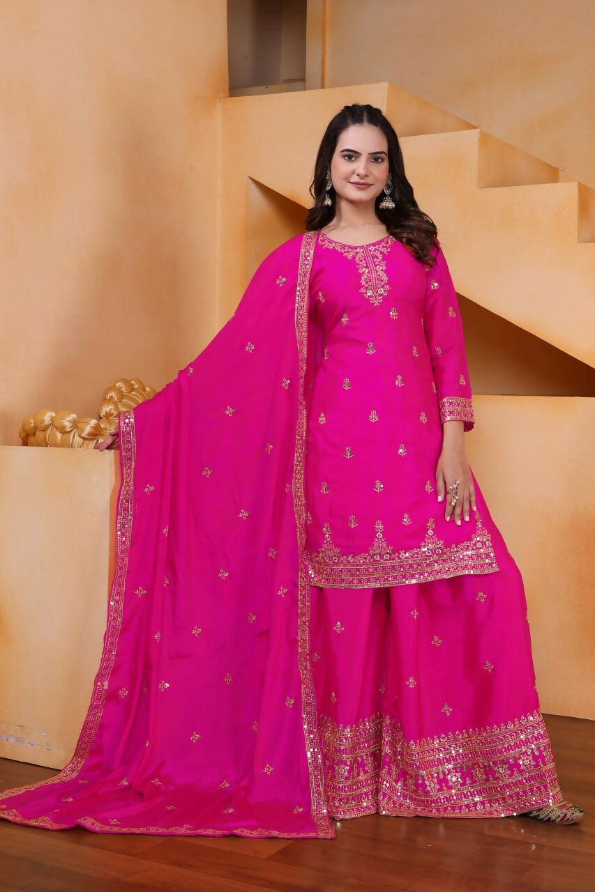 Joban Fashion Pink Silk Embroidered Sharara Set | Grocsy