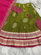 Teeya Creation Festive Olive Green Pink Designer Lehenga Choli Scalloped Border Dupatta | Grocsy