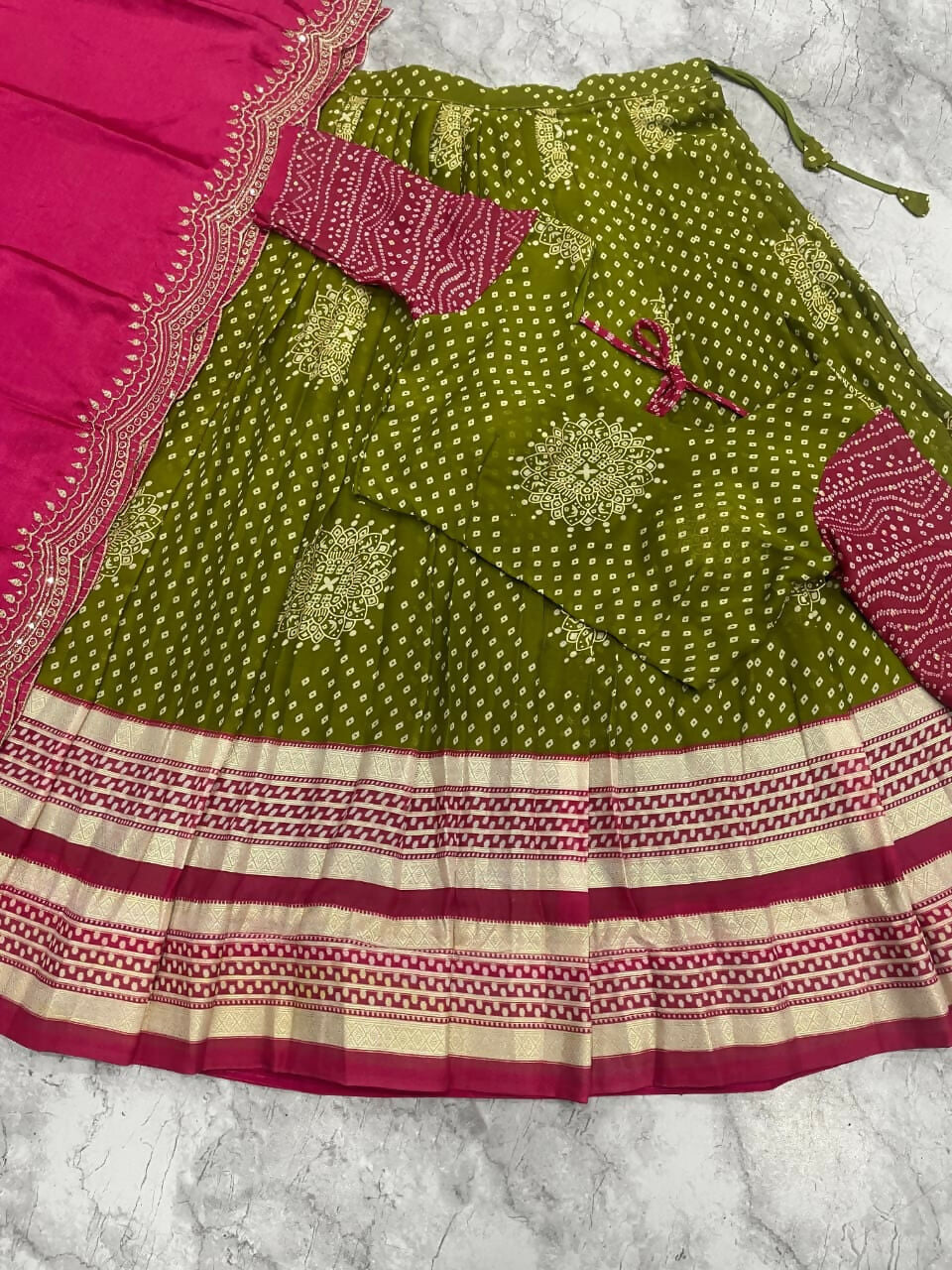 Teeya Creation Festive Olive Green Pink Designer Lehenga Choli Scalloped Border Dupatta | Grocsy