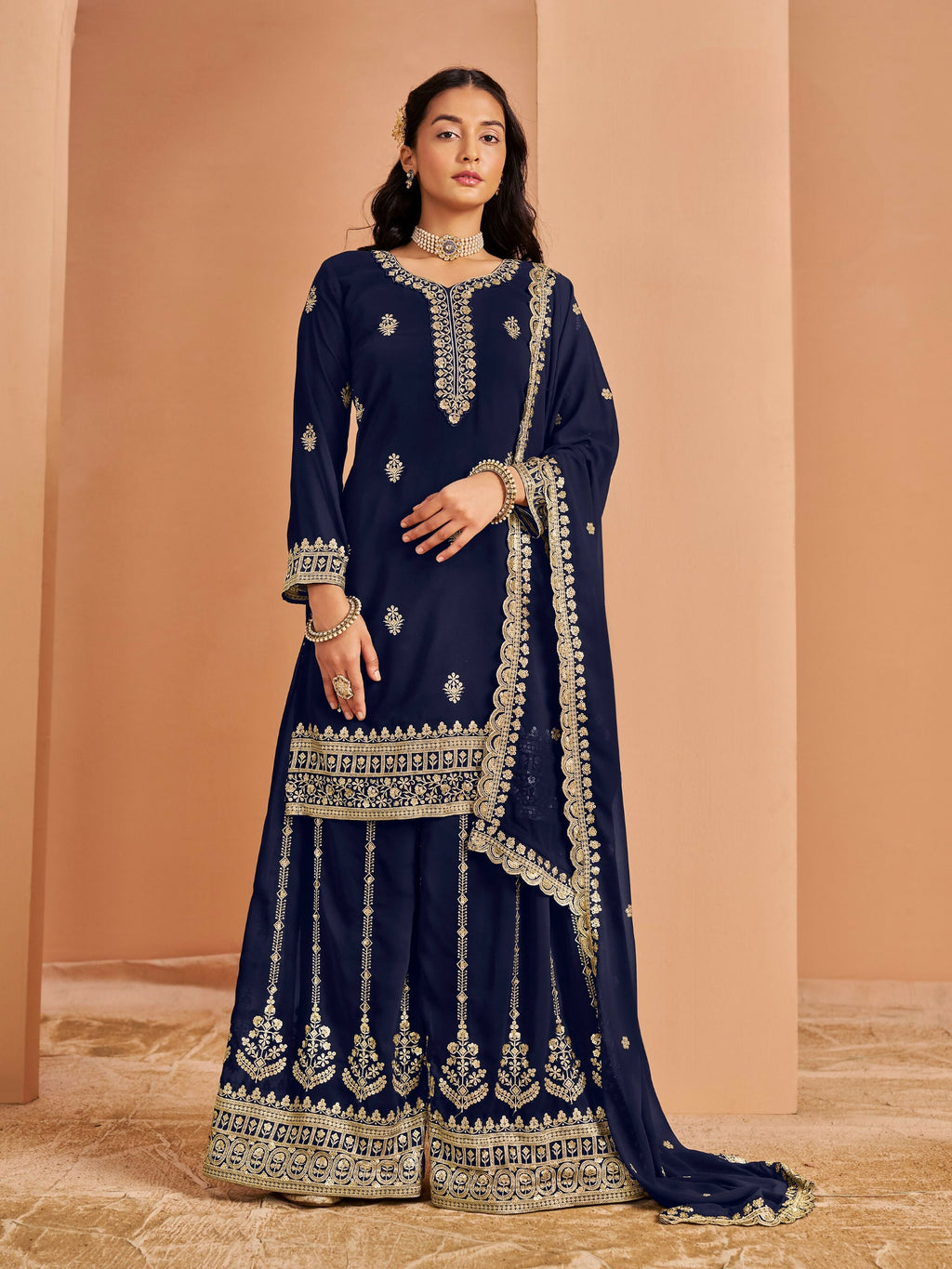 Anaita Navy Blue Premium Georgette Embroidered Stitched Salwar Suit | Grocsy