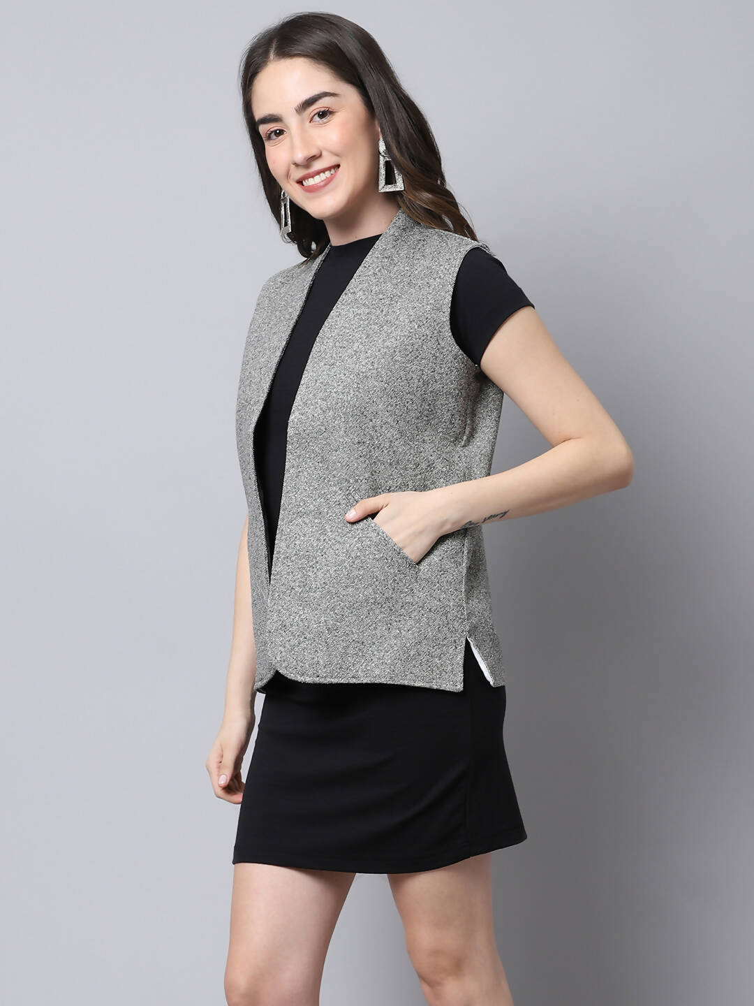 Even Apparels Grey Pure Wool Open Front Women's Waistcoat | Grocsy