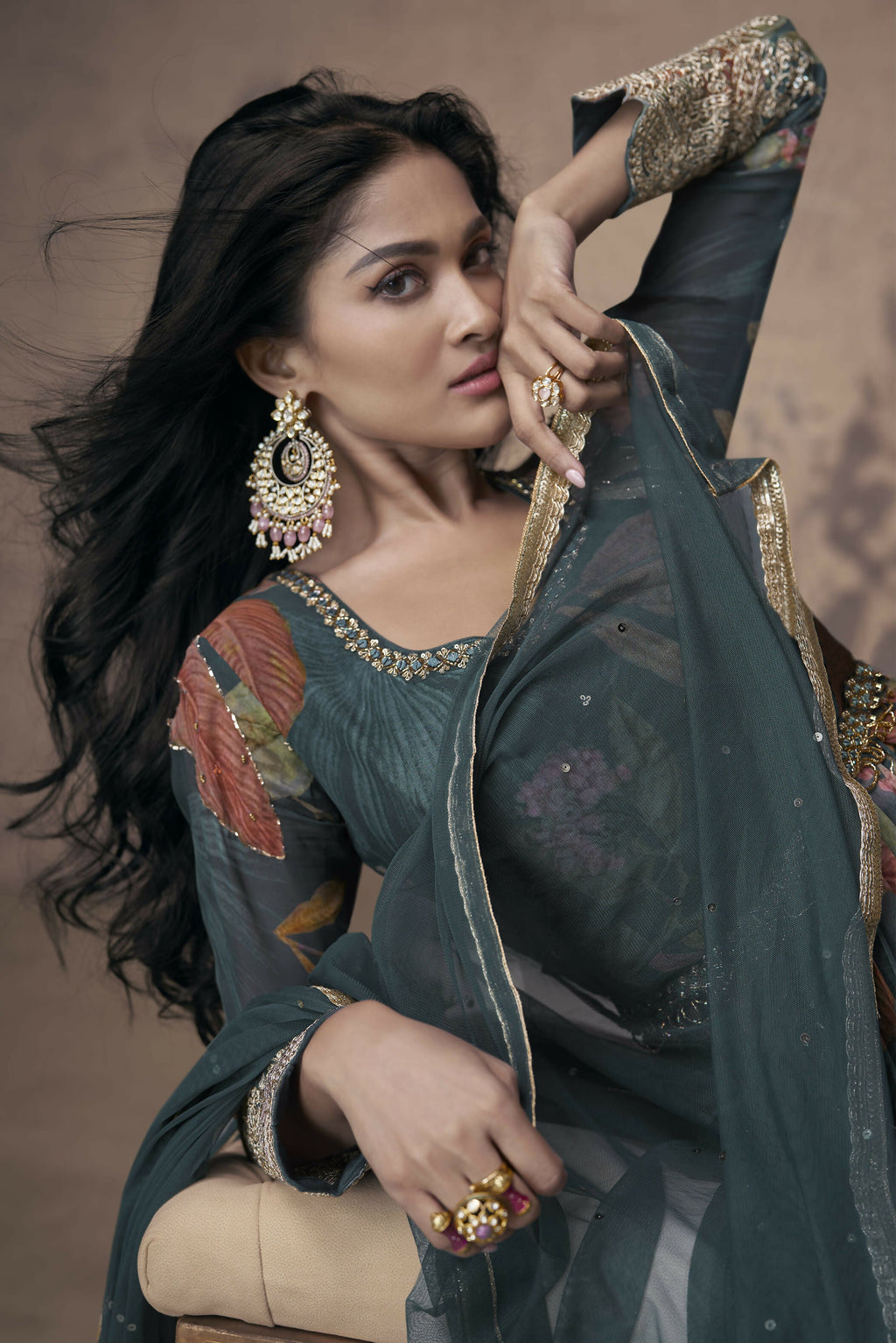 Vastranavya Georgette Digital Print With Sequence Embroidery Stitch Work Side Slit Abaya Style Suit | Grocsy