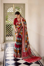 Vastranavya Maroon Viscose Chanderi Printed with Temple Border Saree & Unstitched Blouse | Grocsy