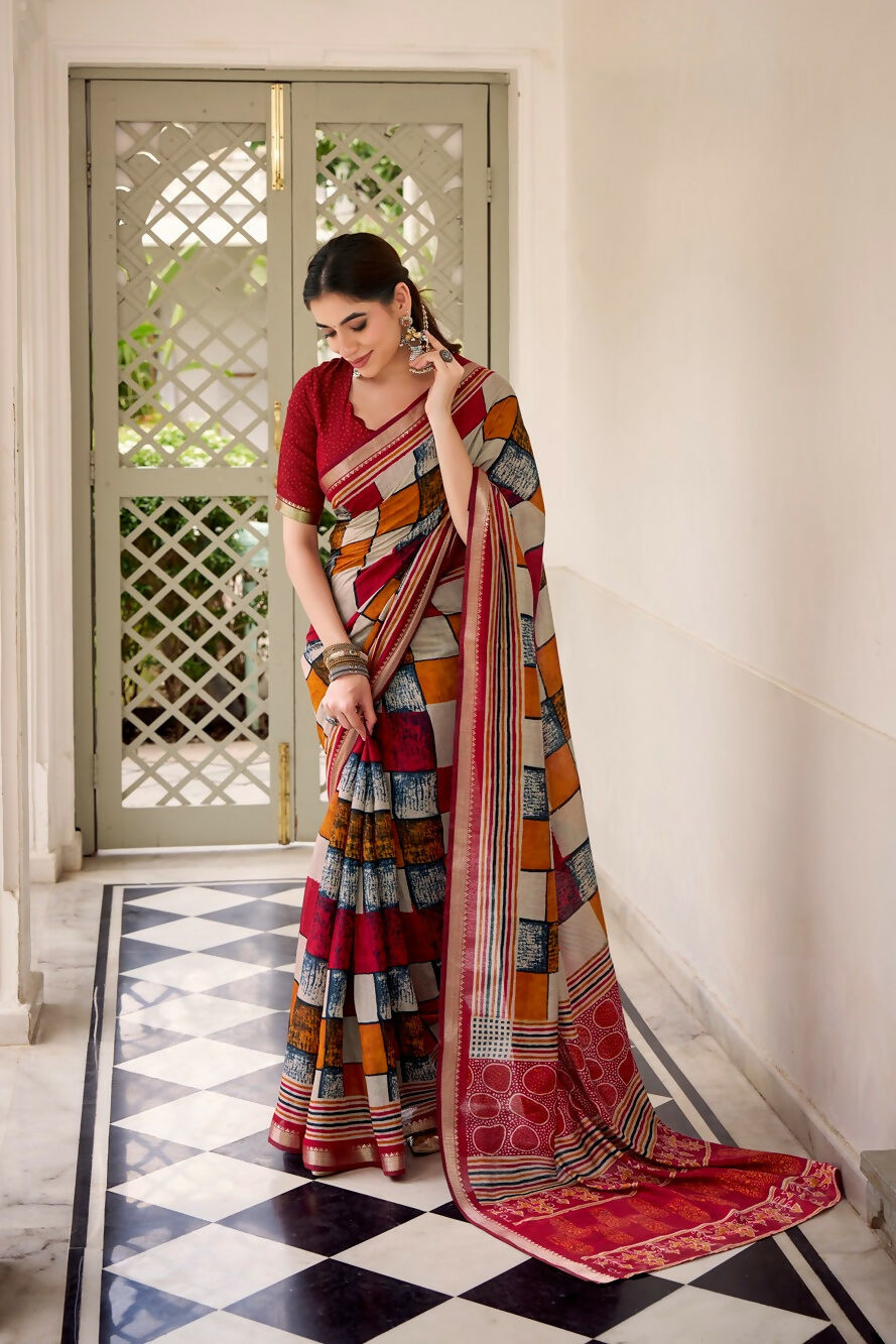 Vastranavya Maroon Viscose Chanderi Printed with Temple Border Saree & Unstitched Blouse | Grocsy