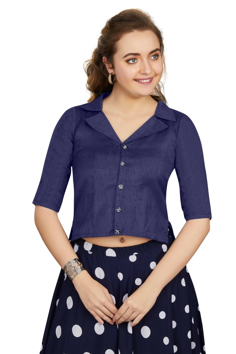 Aastha Fashion Women's Women's Navy Blue Art Silk Button Readymade Blouse | Grocsy