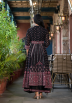 Juniper Women's Black Ethnic Motif Printed Georgette A-line Dress With Mirror Work & Sequins | Grocsy