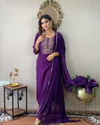 Partywear Designer Wine Rayon Slub Stitched Suit With Dupatta - Tanisha | Grocsy