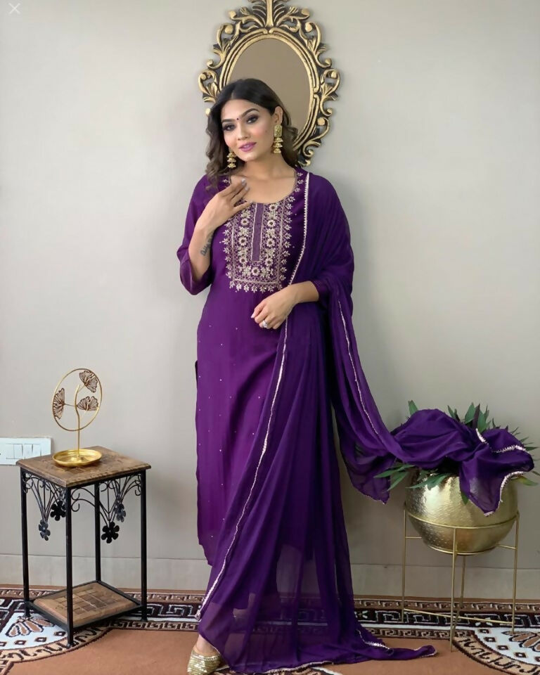 Partywear Designer Wine Rayon Slub Stitched Suit With Dupatta - Tanisha | Grocsy