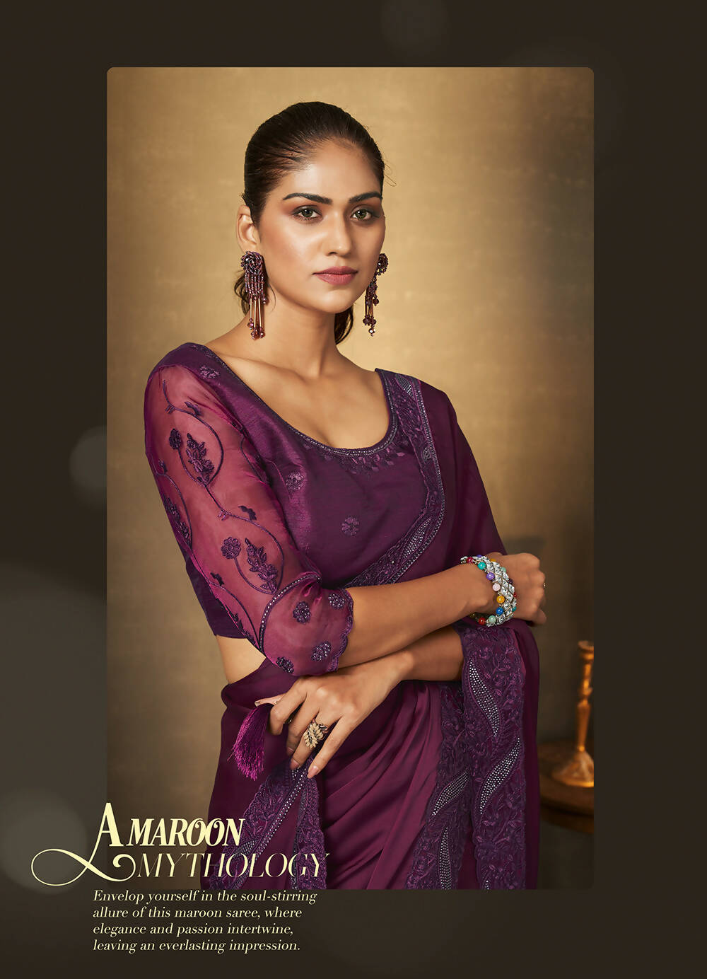 Purple Satin Silk Thread Embroidered with Swaroski Work Saree With Unstitched Blouse Piece - Norita Royal Erisha | Grocsy