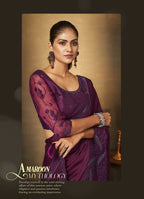 Purple Satin Silk Thread Embroidered with Swaroski Work Saree With Unstitched Blouse Piece - Norita Royal Erisha | Grocsy