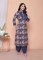 Miravan Womens Cotton Floral Printed Shirt-Collar Straight Kurta And Palazzo Set | Grocsy