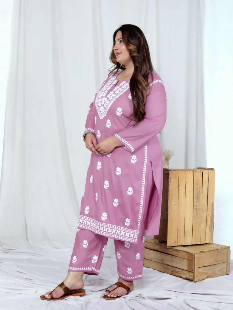 Miravan Women's Plus Size Chikankari Embroidery Pink Straight Kurta And Palazzo Set | Grocsy