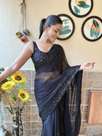 Black Georgette Sequence Embroidery Cut Work Saree - Saadia | Grocsy