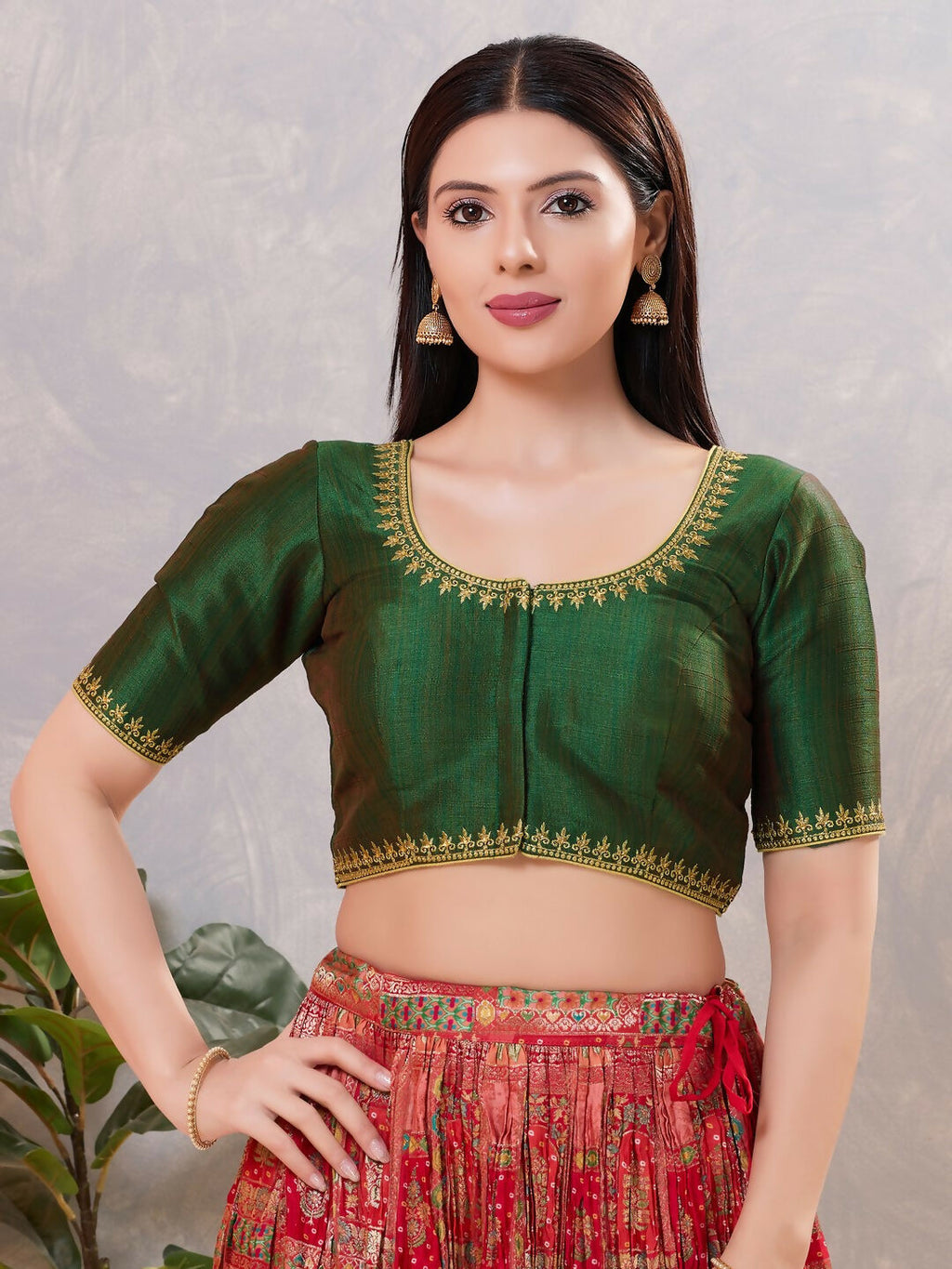 Joban Fashion Women Silk Bottle-Green Stitched Blouse | Grocsy