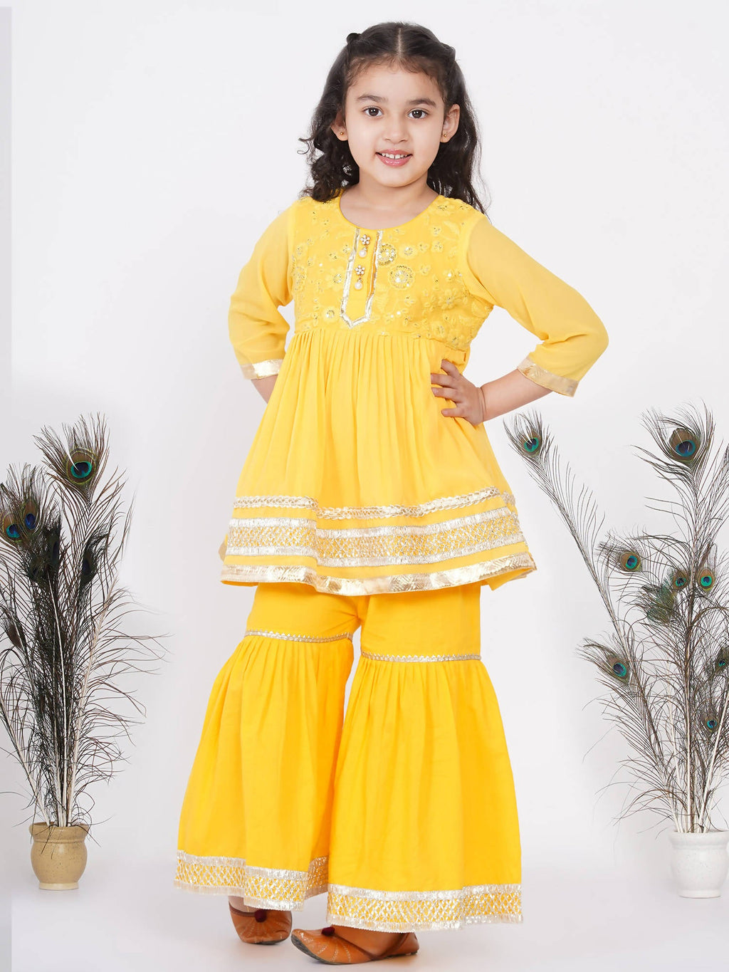 Little Bansi Girls Cotton Gotta Patti Kurta frock with Sharara & Dupatta - Yellow | Grocsy