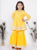Little Bansi Girls Cotton Gotta Patti Kurta frock with Sharara & Dupatta - Yellow | Grocsy