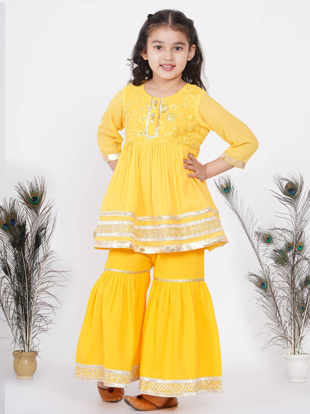 Little Bansi Girls Cotton Gotta Patti Kurta frock with Sharara & Dupatta - Yellow | Grocsy
