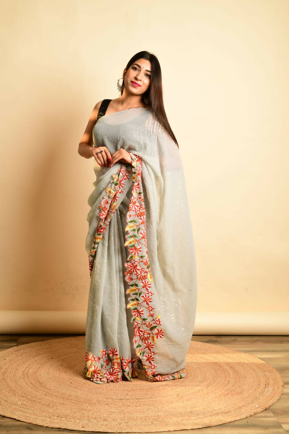 Vamsee Grey Georgette Designer Saree | Grocsy