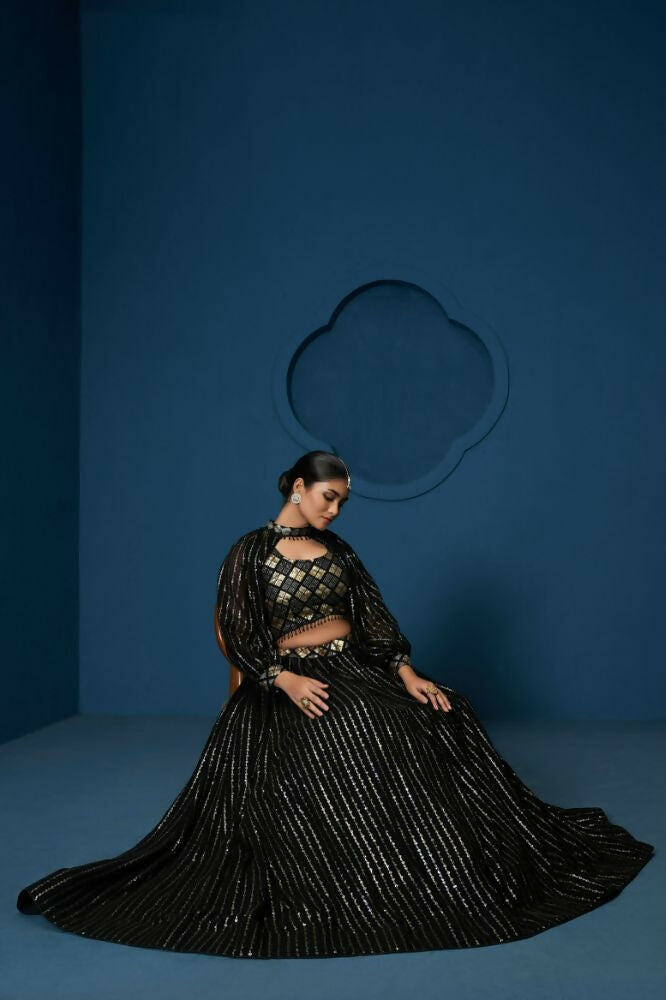Black Sequence Work Georgette Crop Top Type Full Sleeve Lehenga Choli - Jihu Culture | Grocsy
