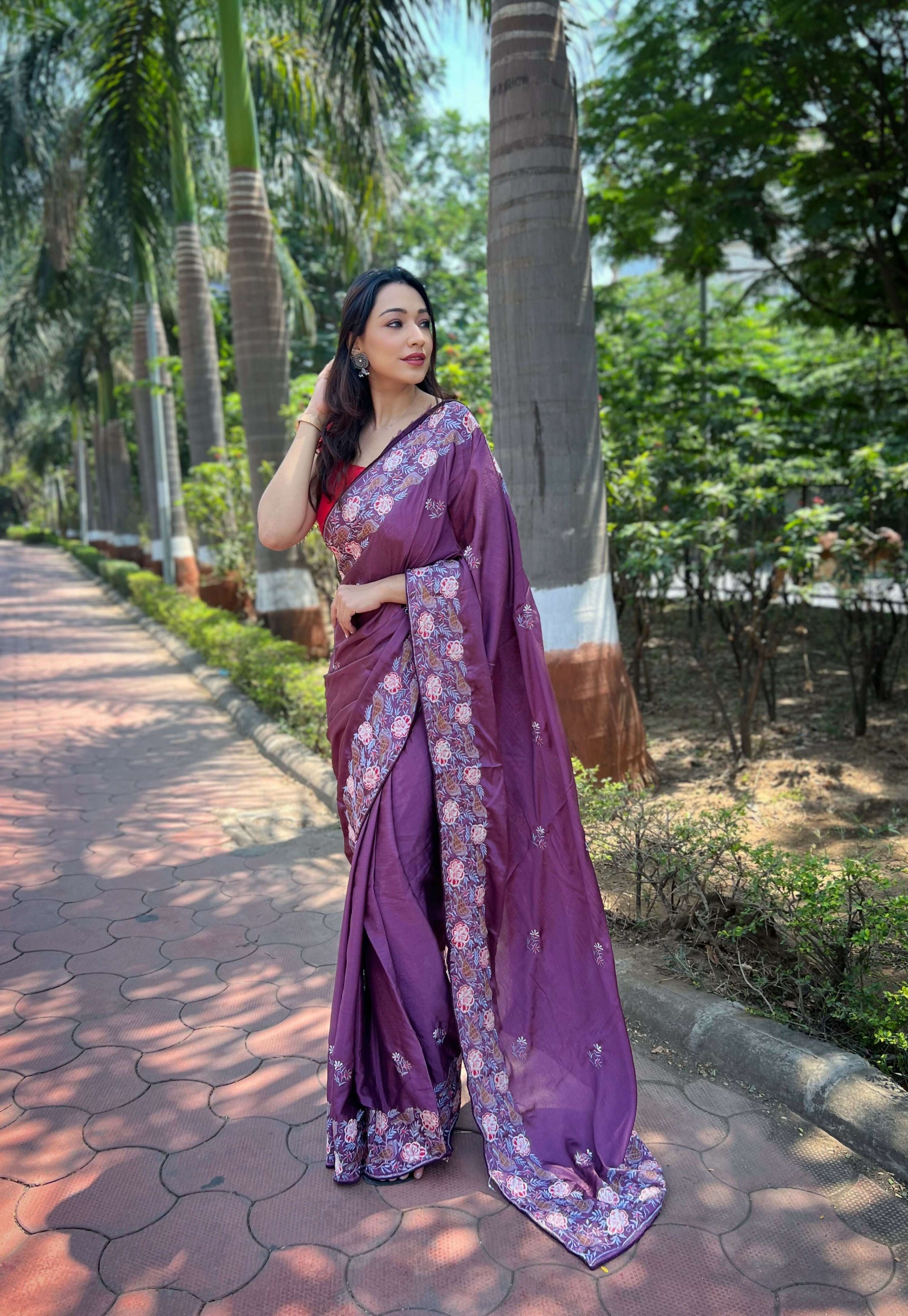 Vamsee Chinon Panchi Cherry Shimmer Saree | Grocsy