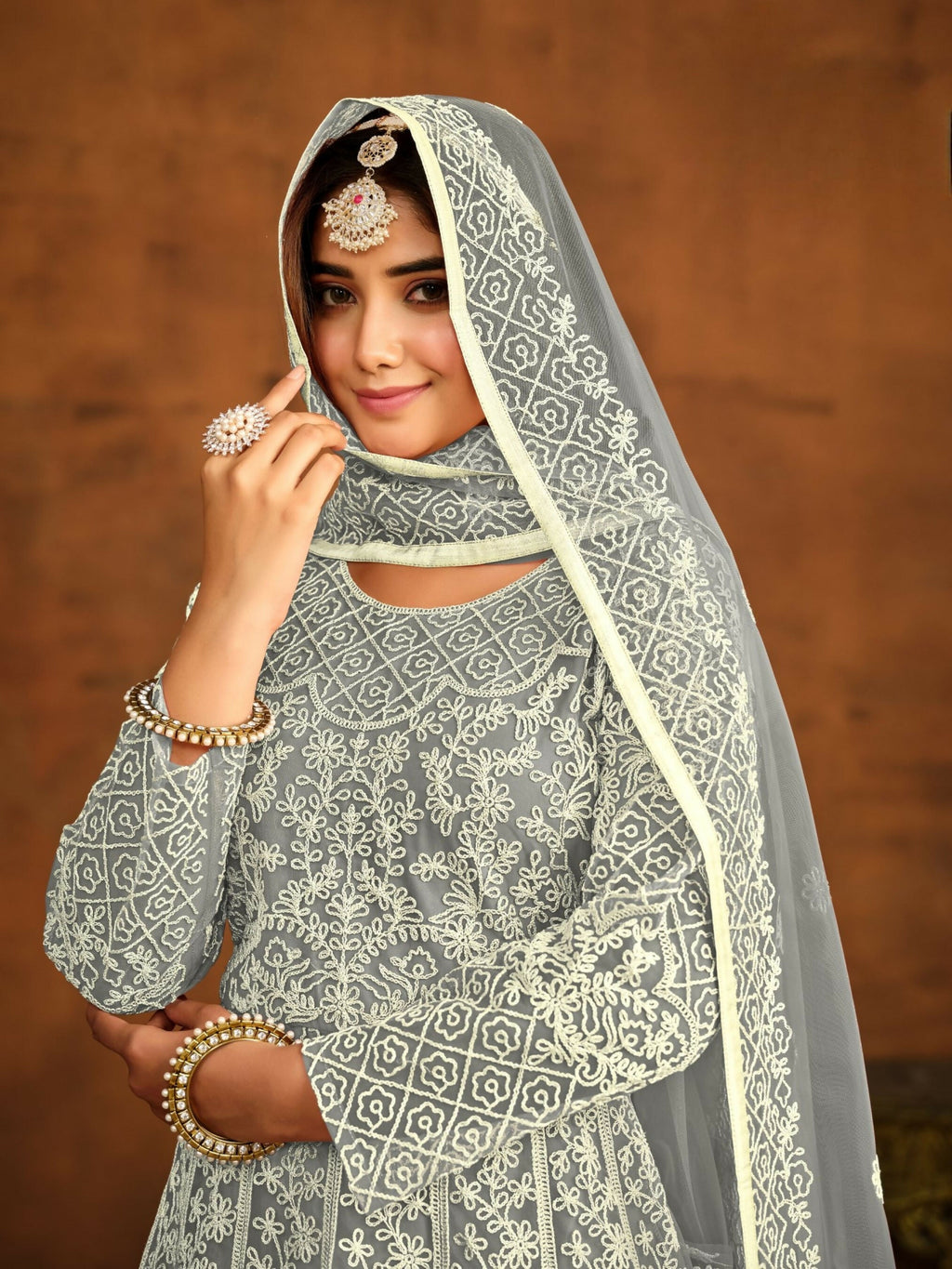 Anaita Grey Embroidered Net Anarkali Suit | Grocsy