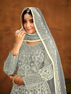 Anaita Grey Embroidered Net Anarkali Suit | Grocsy