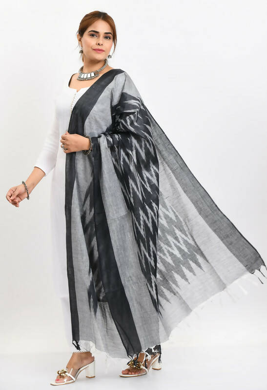 Mominos Fashion Moeza Women's Handloom Cotton Ikkat Black Dupatta | Grocsy