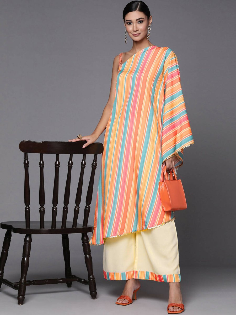 Ahalyaa Peach-Coloured & Blue Printed Striped Asymmetric Taselled Kaftan Kurta Palazzos | Grocsy
