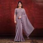 Purple Crepe Satin Silk Sequence Thread & Stone Work/ Texture Pallu Saree - Mohmanthan Kimiya | Grocsy