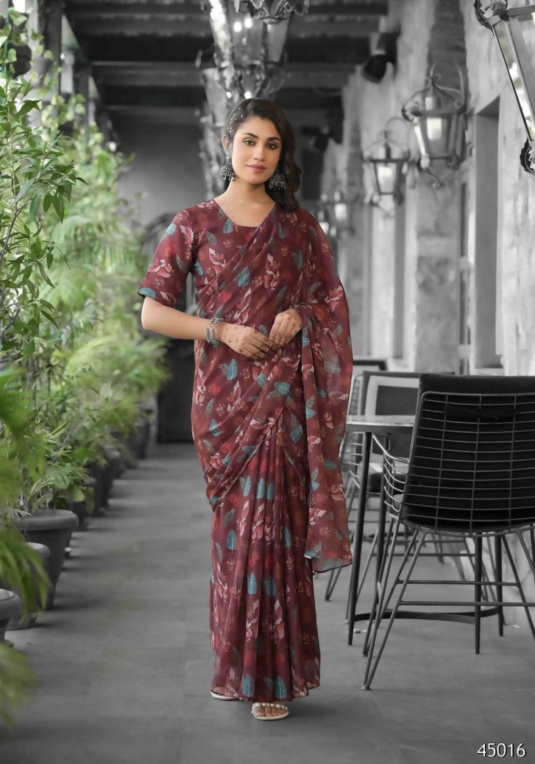 stylish Casual Brown Imported georgette Ready to Wear Fancy Saree - Ashwini | Grocsy