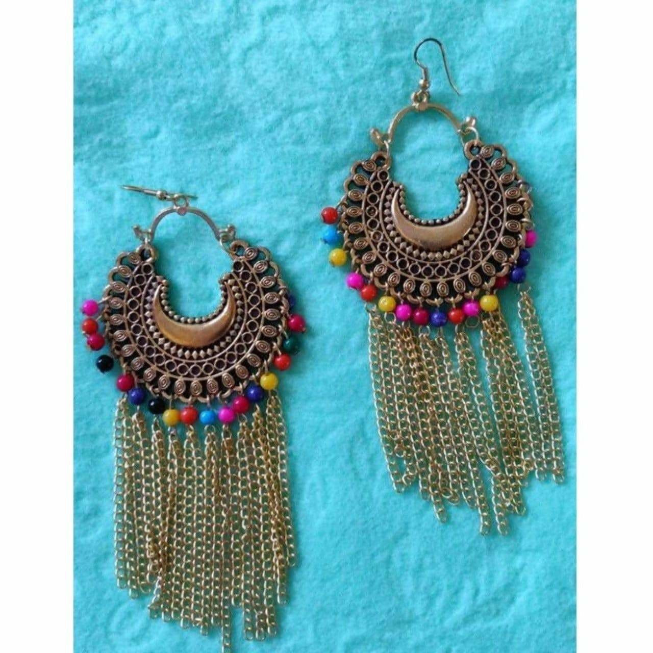 MS Fashion India Hanging Chains Gold-Polished Chandbali Multi Color Pearls Party Wear Earrings | Grocsy