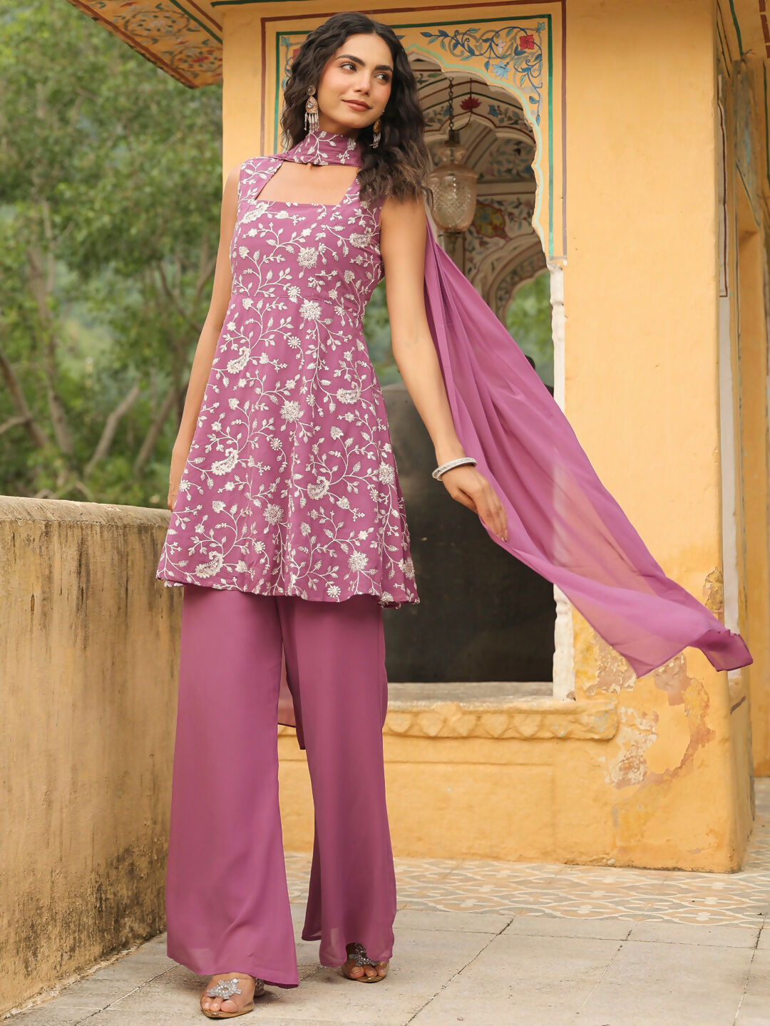 Janasya Lavender Georgette Embroidered Kurta,Bottom & Dupatta | Grocsy