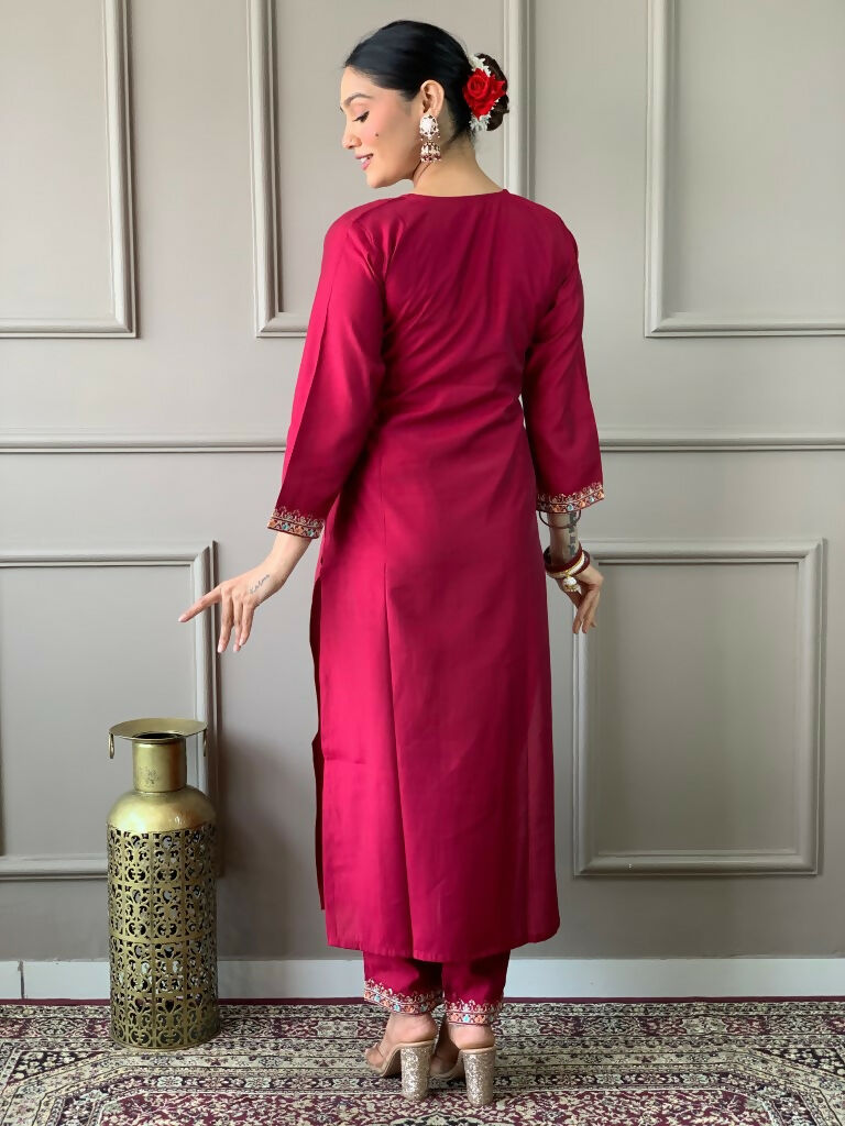 Partywear Designer Viscos Chanderi Maroon Stitched Suit With Dupatta - Tanisha | Grocsy