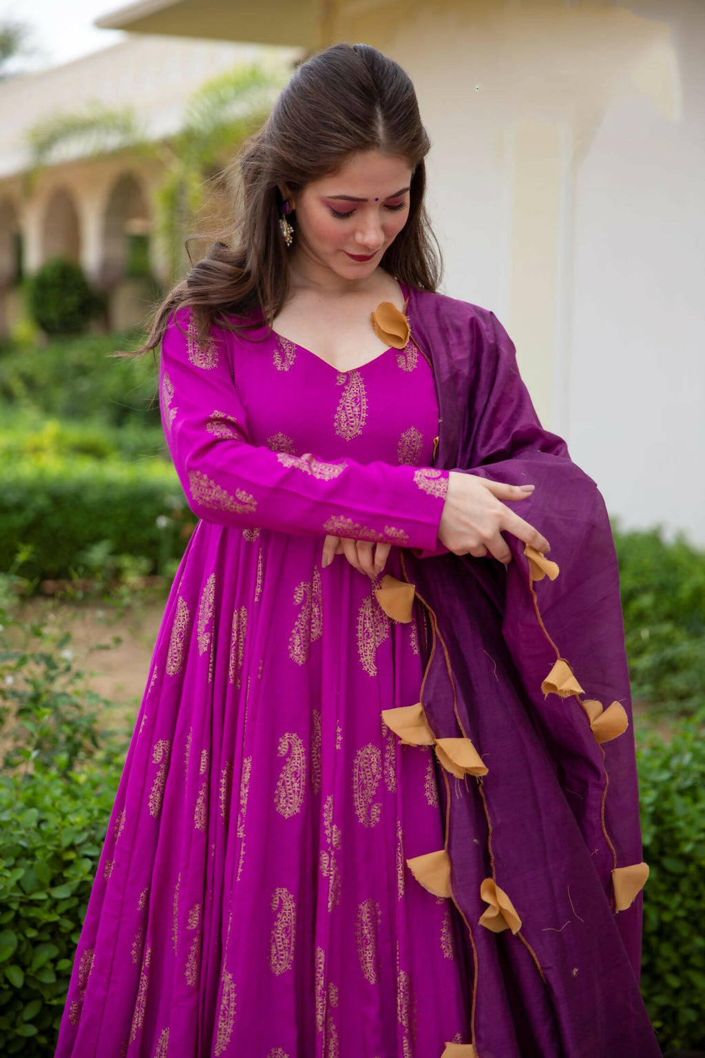 Purple Pure Reyon Gold Foil Work Stitched Suit With Dupatta - Anbazaar | Grocsy