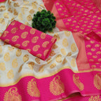DEIANA'S Beautiful Designer Golden zari Soft Lichi Silk Saree - White | Grocsy