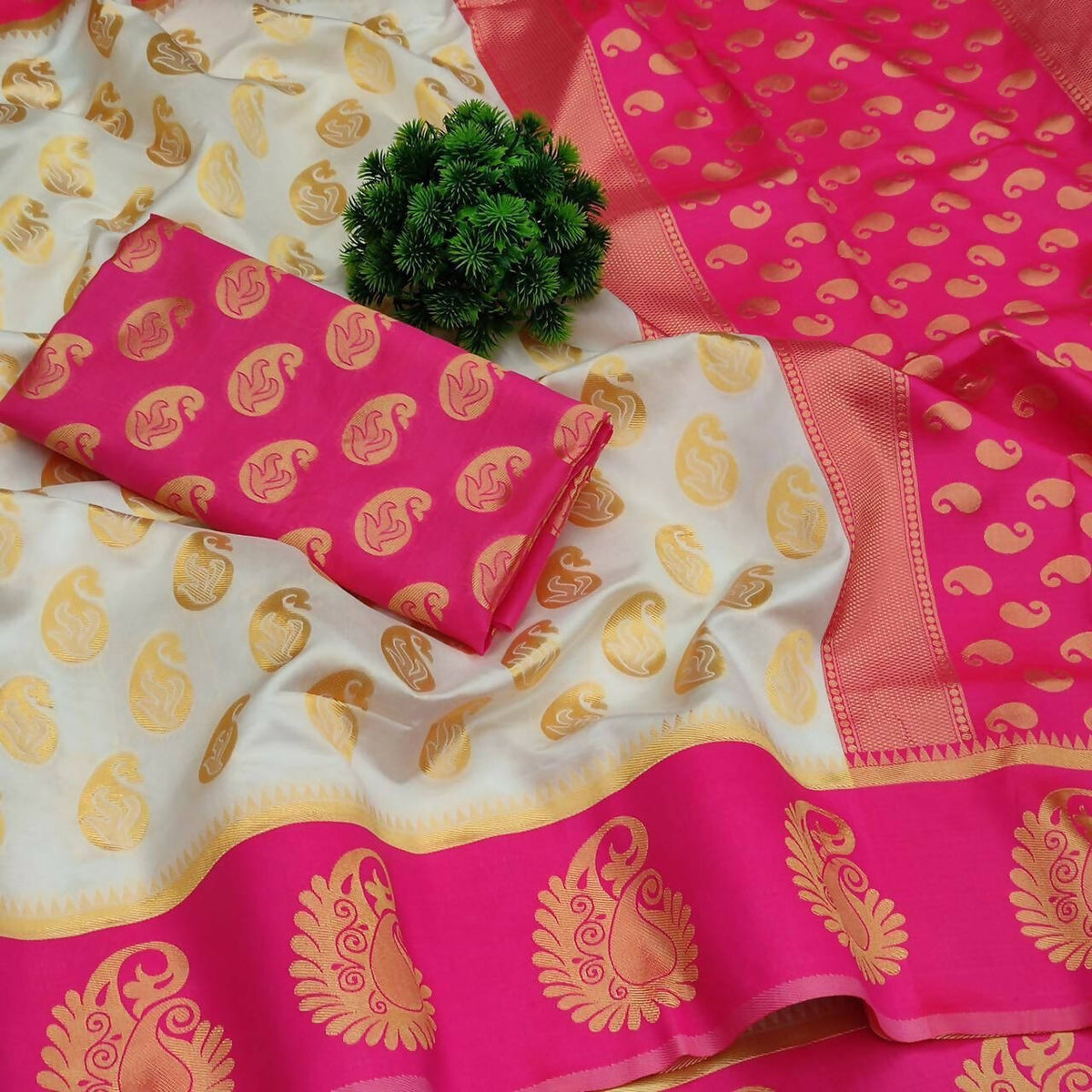DEIANA'S Beautiful Designer Golden zari Soft Lichi Silk Saree - White | Grocsy