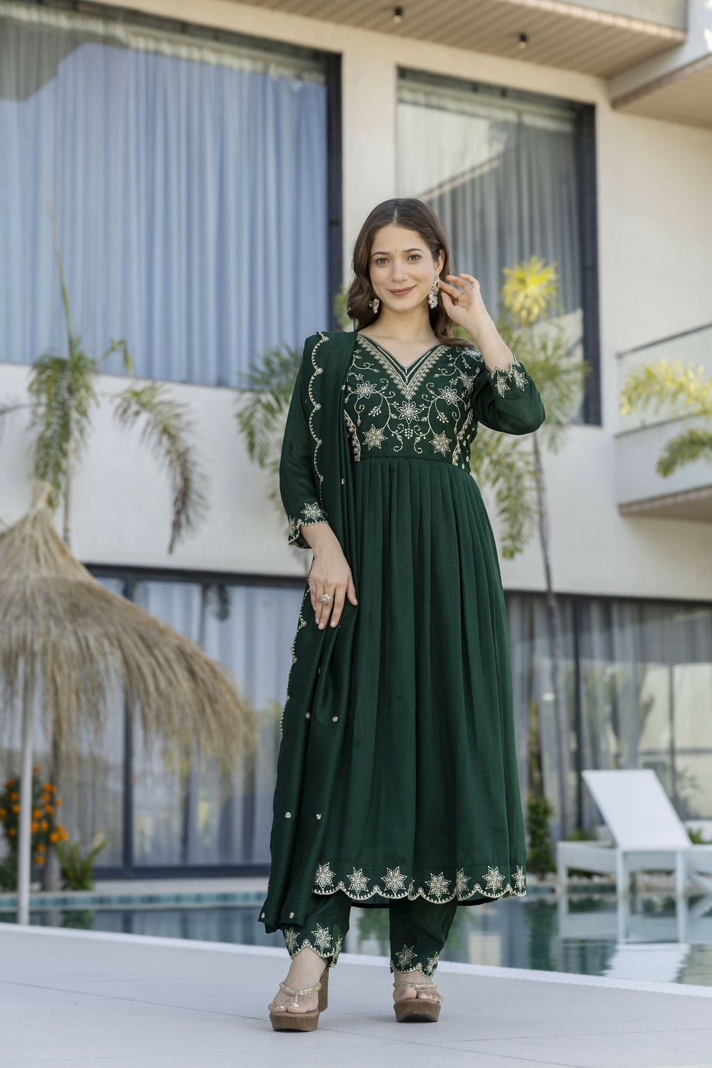 The52 Women's Beautiful Embroidery Work Vichitra Silk Fabric Flared Anarkali Pant and Dupatta Set | Grocsy