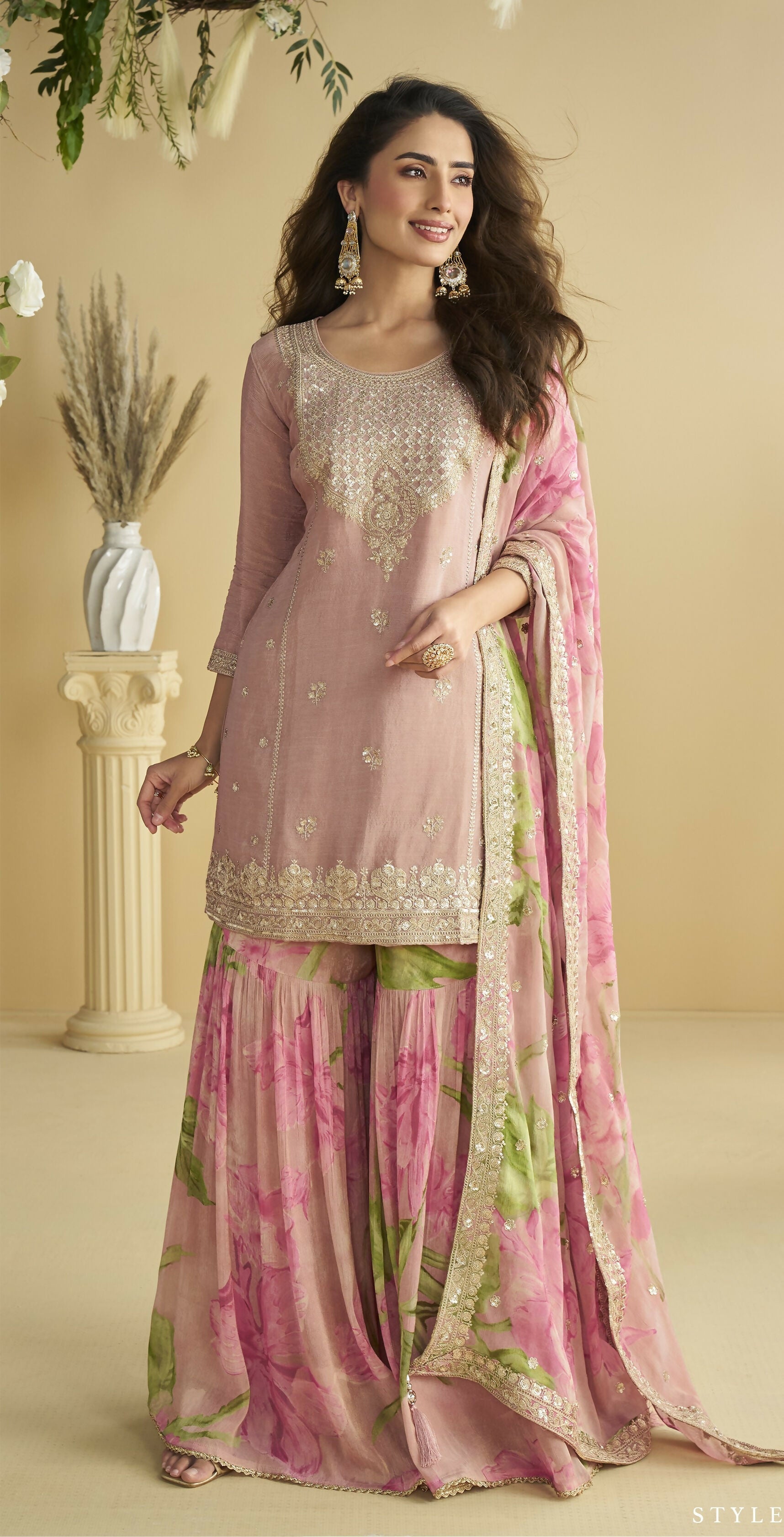 Anaita Pink Chinon Readymade Sharara Suit with Embroidery Sequence Work | Grocsy