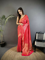 Joban Fashion Ruby Pink Floral Motifs & Ethnic Design Soft Satin Silk Kanchipuram Saree | Grocsy