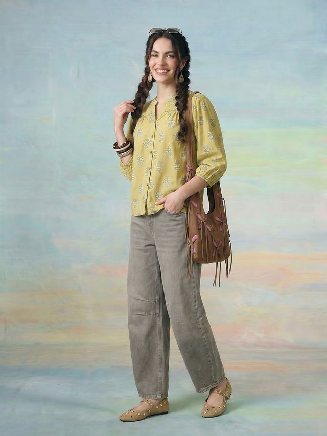 Janasya Lime Green Shirt Cotton Top | Grocsy