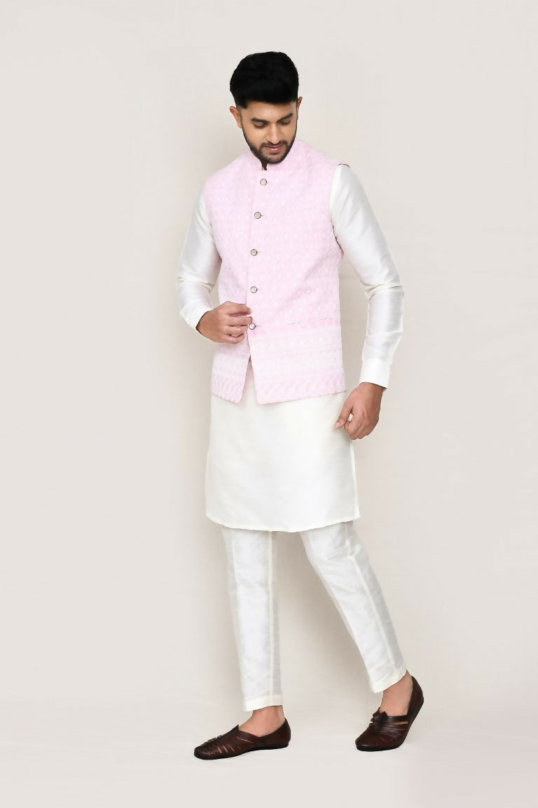 Joban Fashion White Colored Art Silk Fabric Kurta, Jacket With Straight Fit Pant | Grocsy