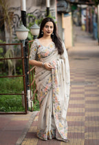 Grey Pure Linen Ethnic Motifs Saree with Unstitched Blouse - A2M | Grocsy