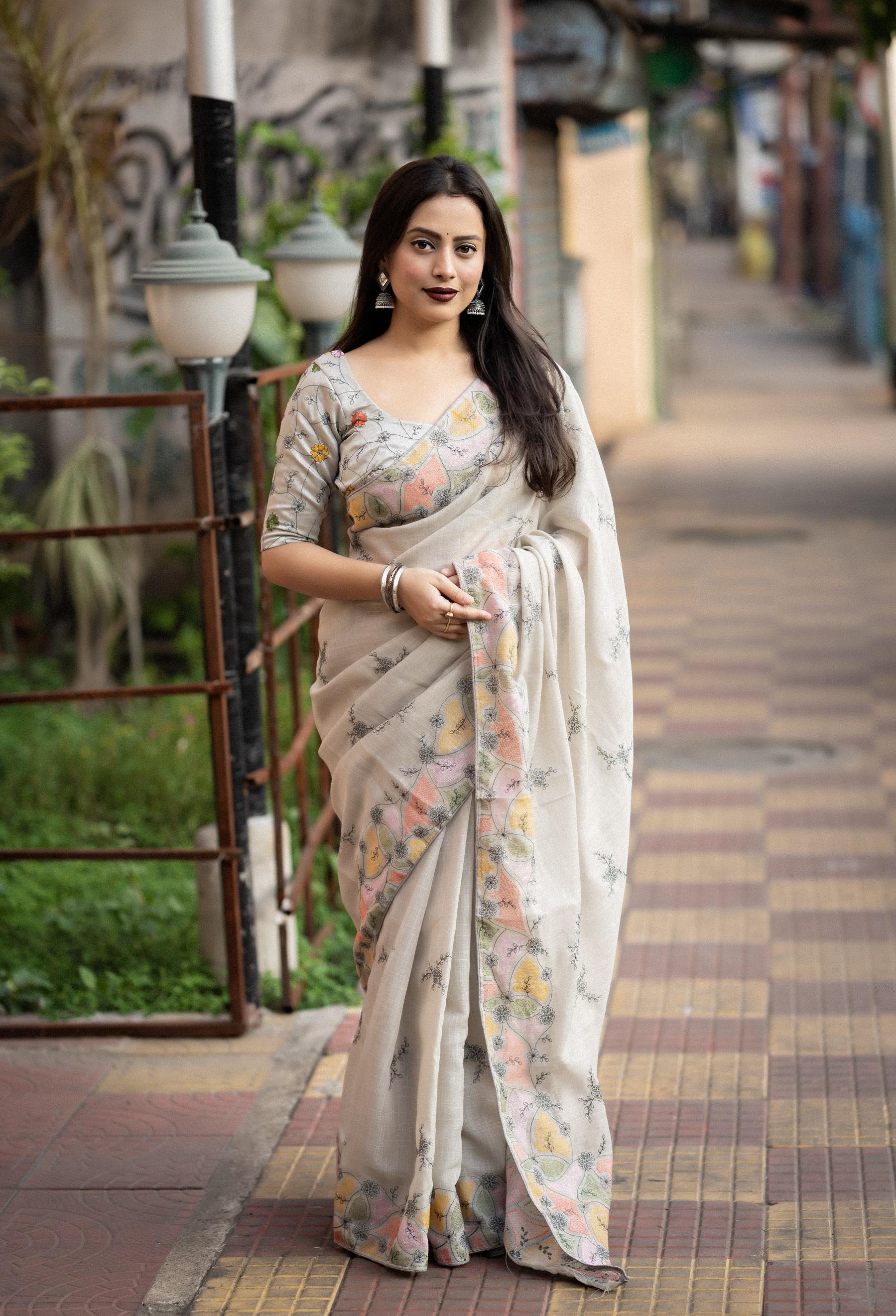 Grey Pure Linen Ethnic Motifs Saree with Unstitched Blouse - A2M | Grocsy
